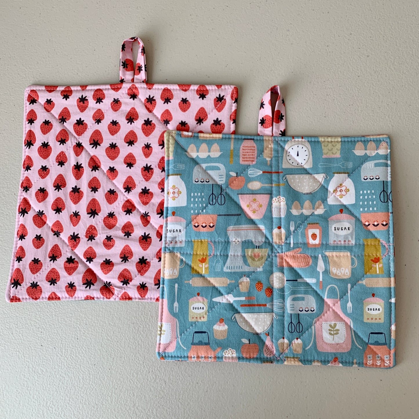 Quilted Pot Holder Set with strawberries and baking supplies