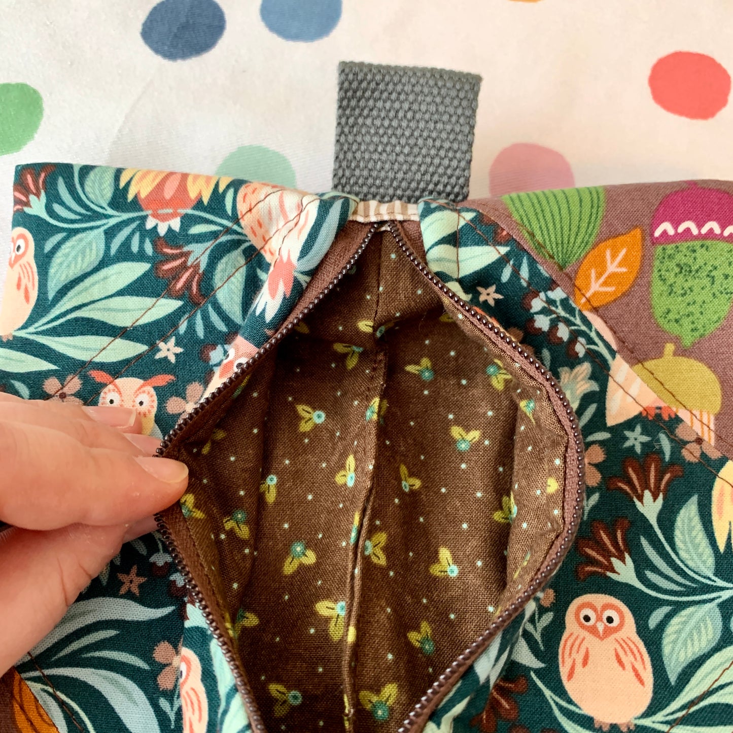 Zipper pouch with owls and acorns